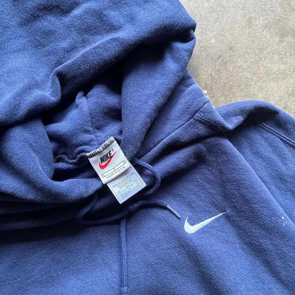 Vintage 90s Nike Blue Embroidered Mini Swoosh Hoodie Made in USA
